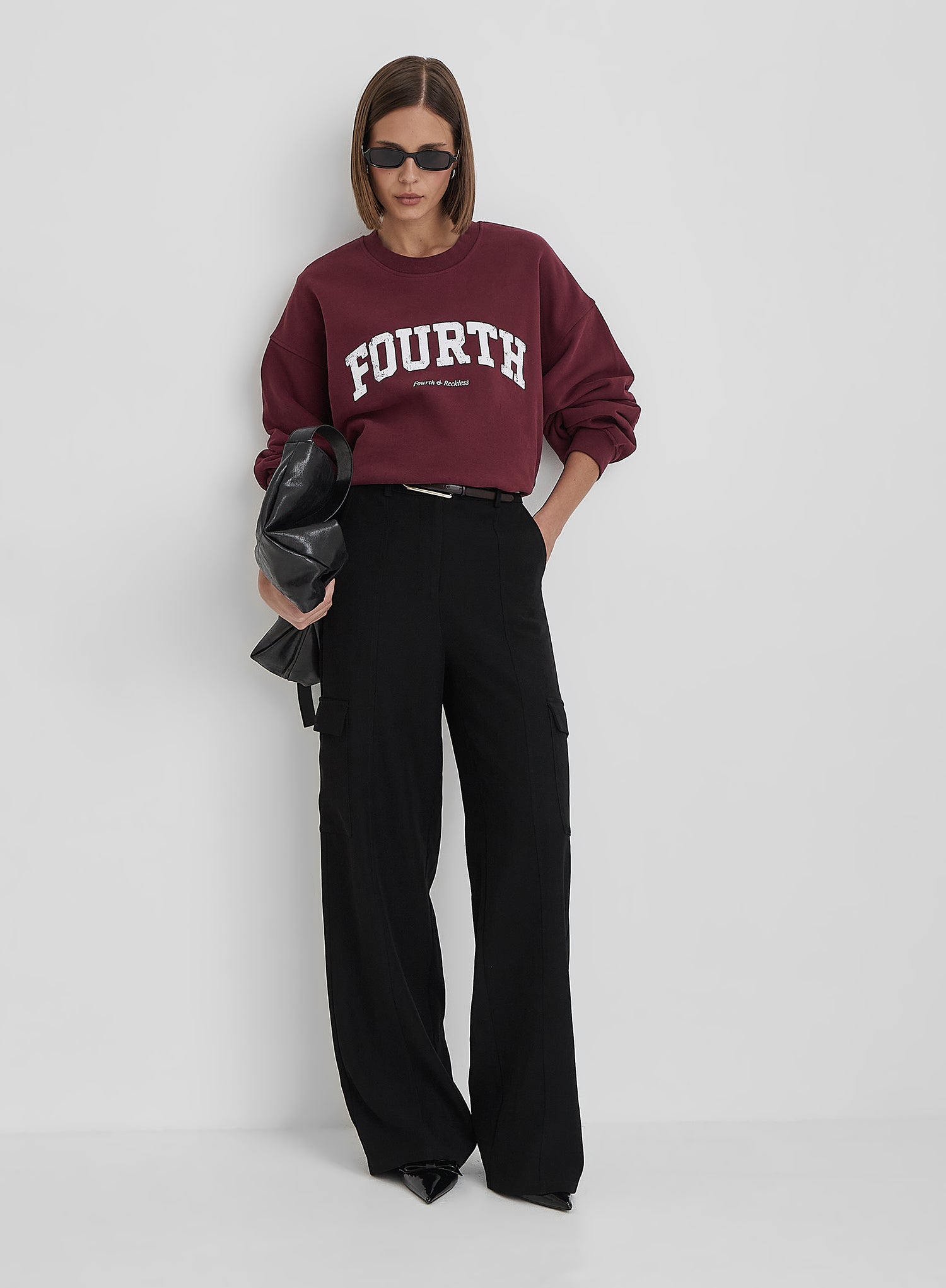 Burgundy Distressed Fourth Slogan Oversized Sweatshirt